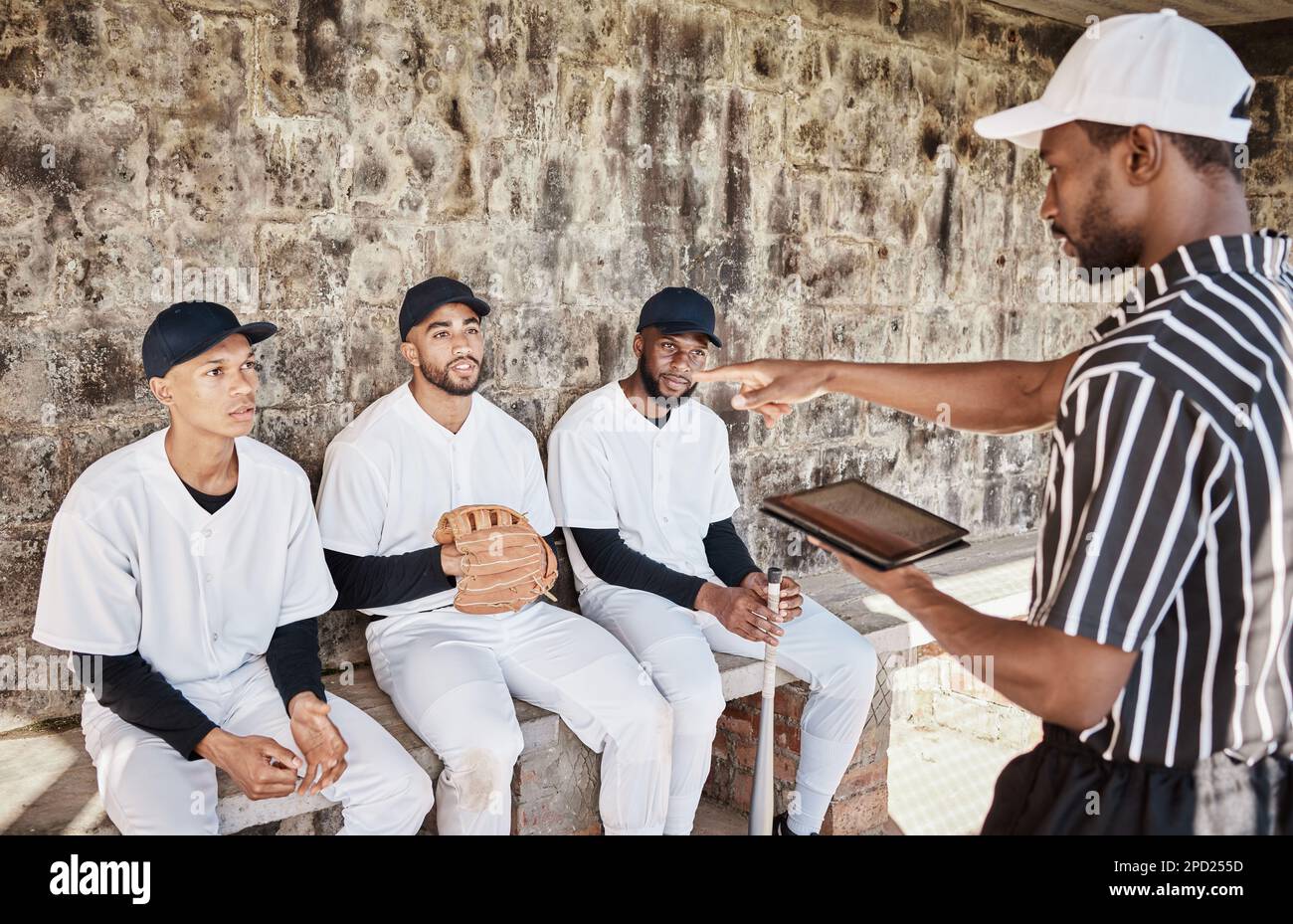 Team, tablet or baseball coach with a strategy, planning or training