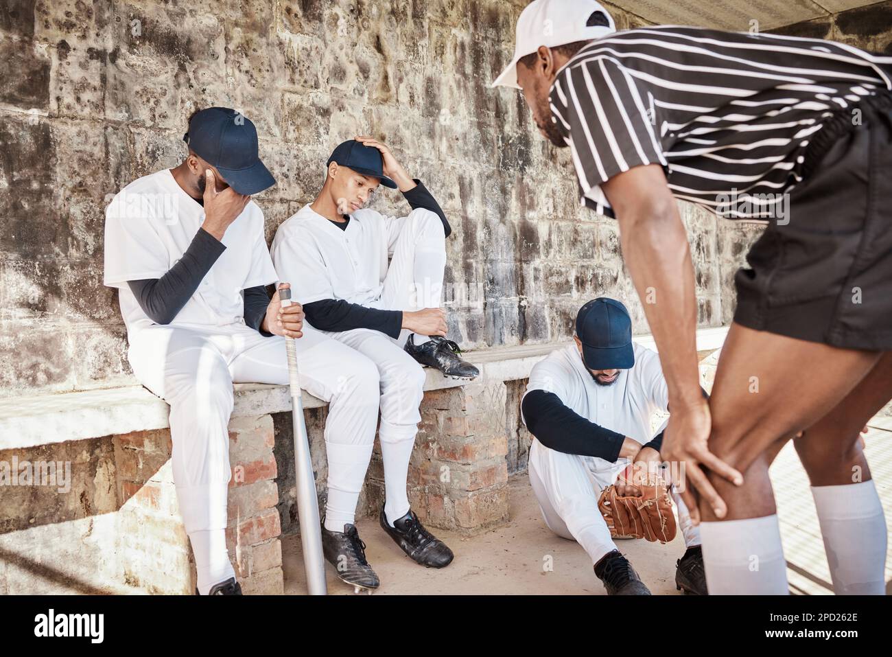 Loss or baseball coach with sad team in training workout match or