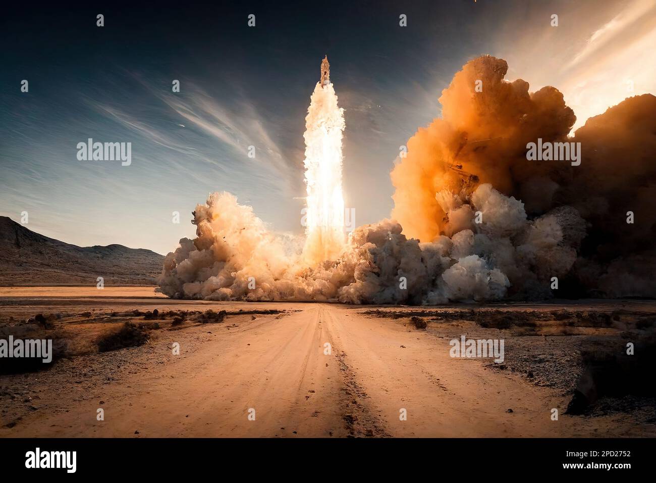Rocket spaceship starting from Earth. Generative Ai image Stock Photo