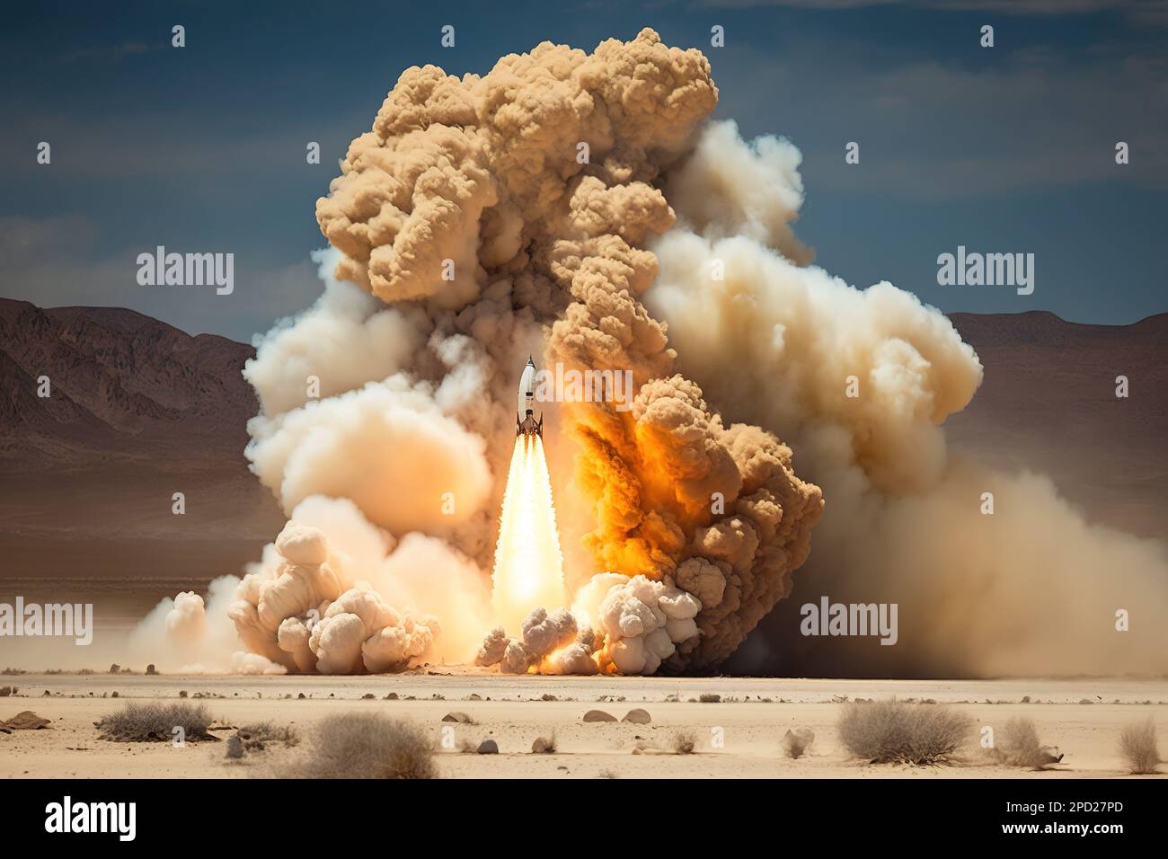 Rocket spaceship starting from Earth. Generative Ai image Stock Photo