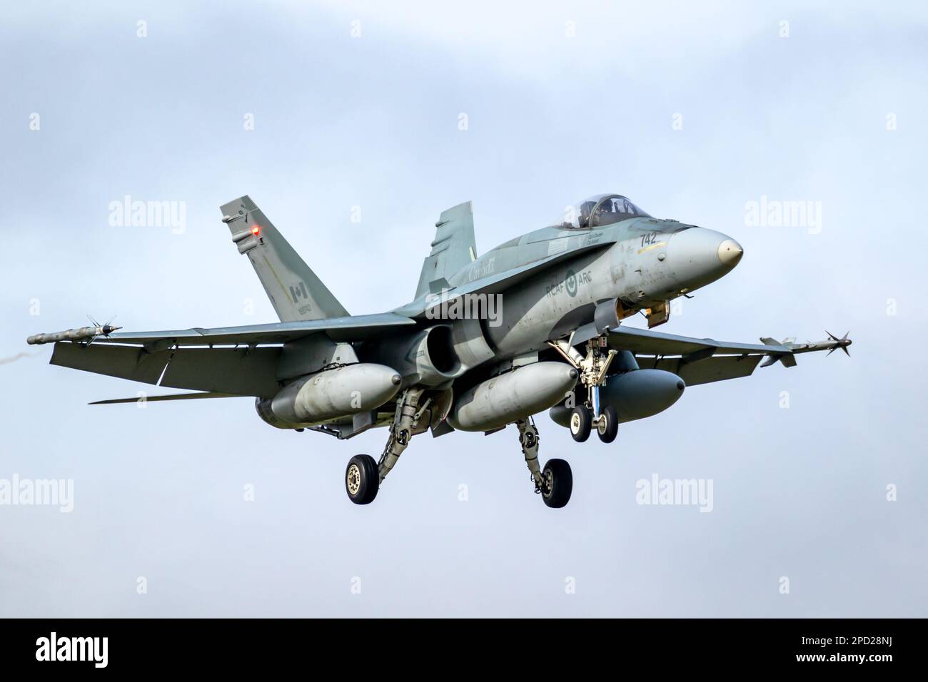 Royal Canadian Air Force (RCAF) McDonnell Douglas CF-18 Hornet fighter jet from 425 Squadron taxiing towards the runway of Leeuwarden Air Base, The Ne Stock Photo