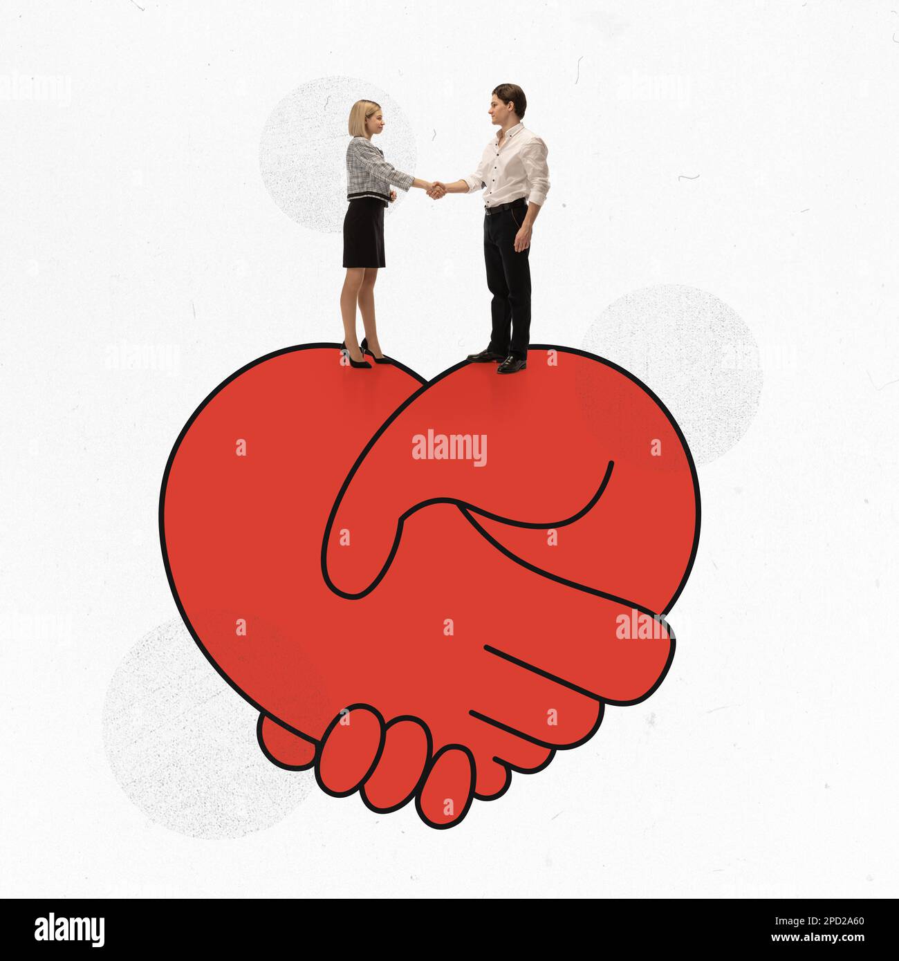 Modern creative conceptual design. Man and woman shaking hands meaning