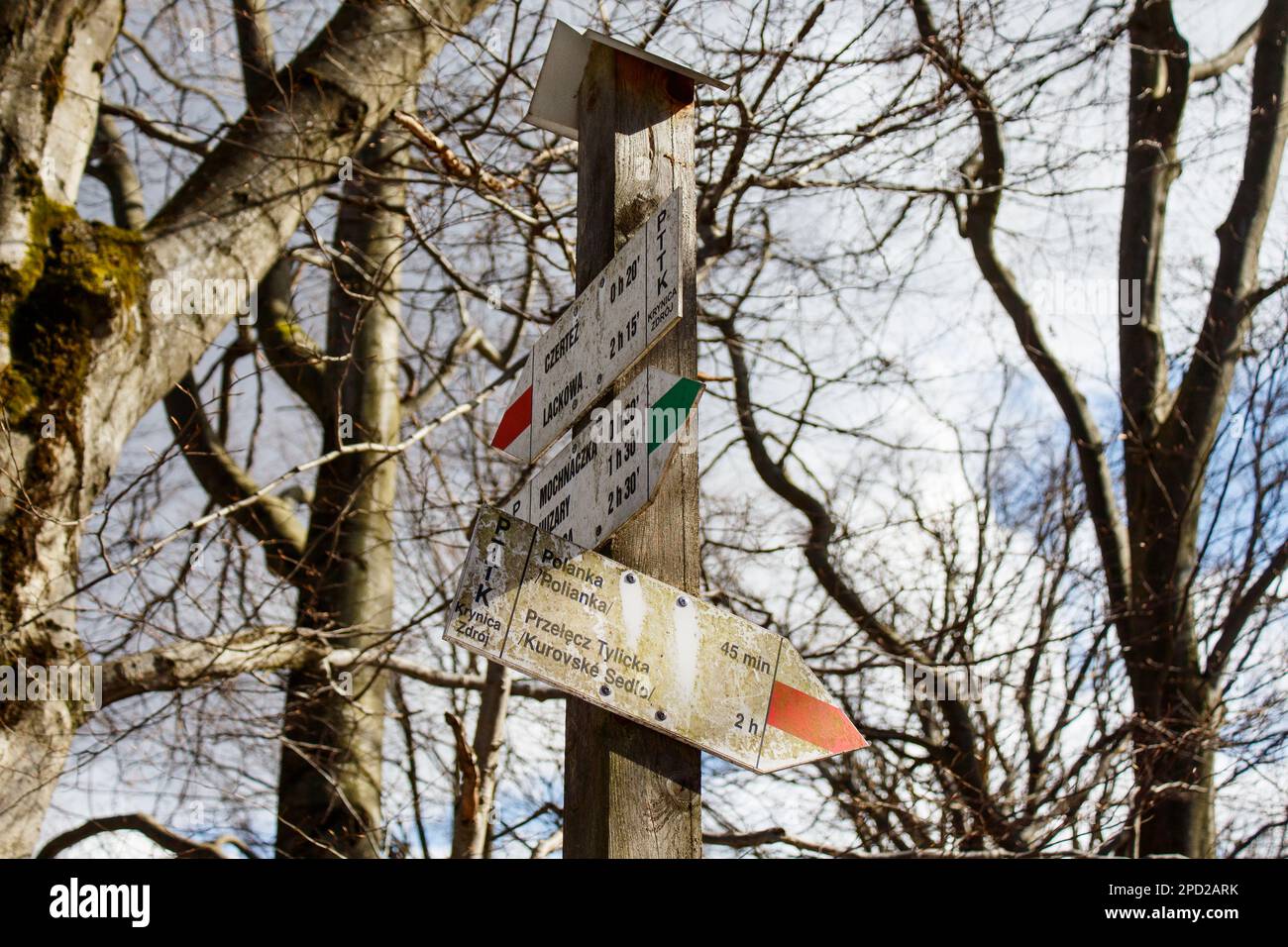 hiking trial signs in a forest Czertez mountain with Przelecz Tylicka direction sign Stock Photo