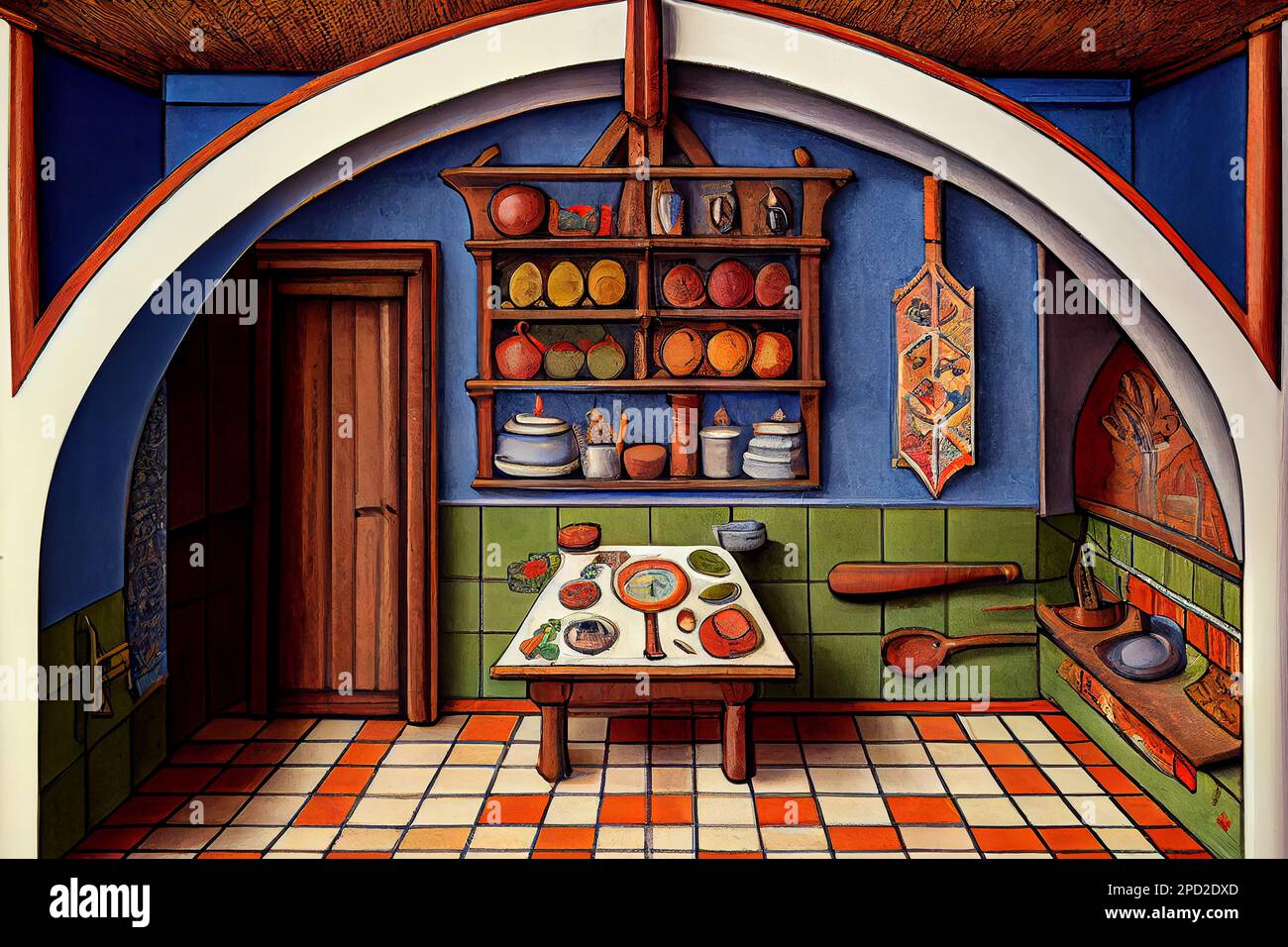 A medieval kitchen interior with an open hearth, hanging pots and pans