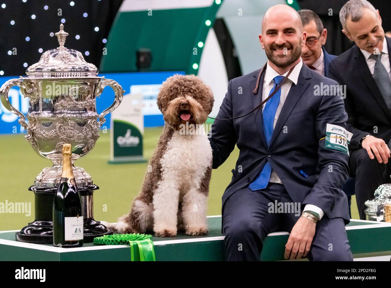 Javier Gonzalez Menicote from Croatia with Lagotto Romangnolo Orca Best In Show Winner,owned by Sabina Zdunić Šinković and Ante Lucin during Crufts - The World's Greatest Dog Show National Exhibition Centre Birmingham Sunday March 12 2023photo by Chris wynne Stock Photo