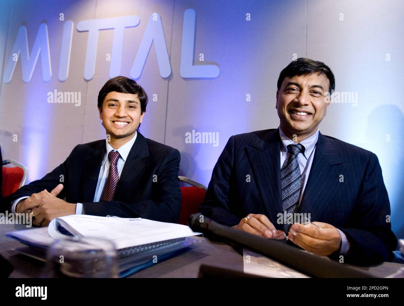 FILE ** Mittal Steel President Aditya Mittal, left, and Chief Executive  Officer Lakshmi Mittal, right, are seen at the start of a media conference  in Rotterdam, the Netherlands, in this Tuesday