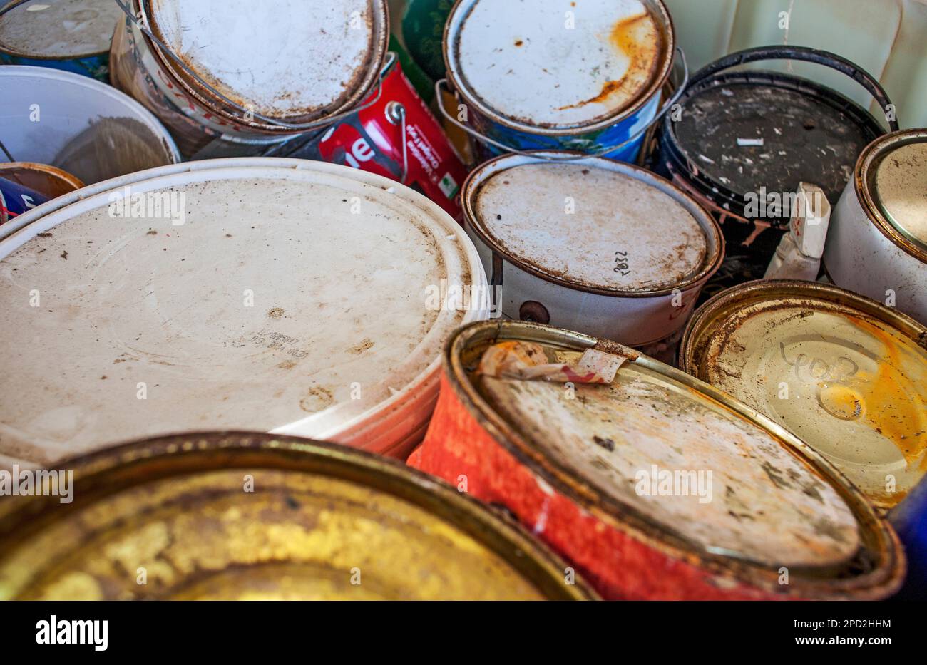 Used paint cans storage to recycle,recycling center Stock Photo Alamy