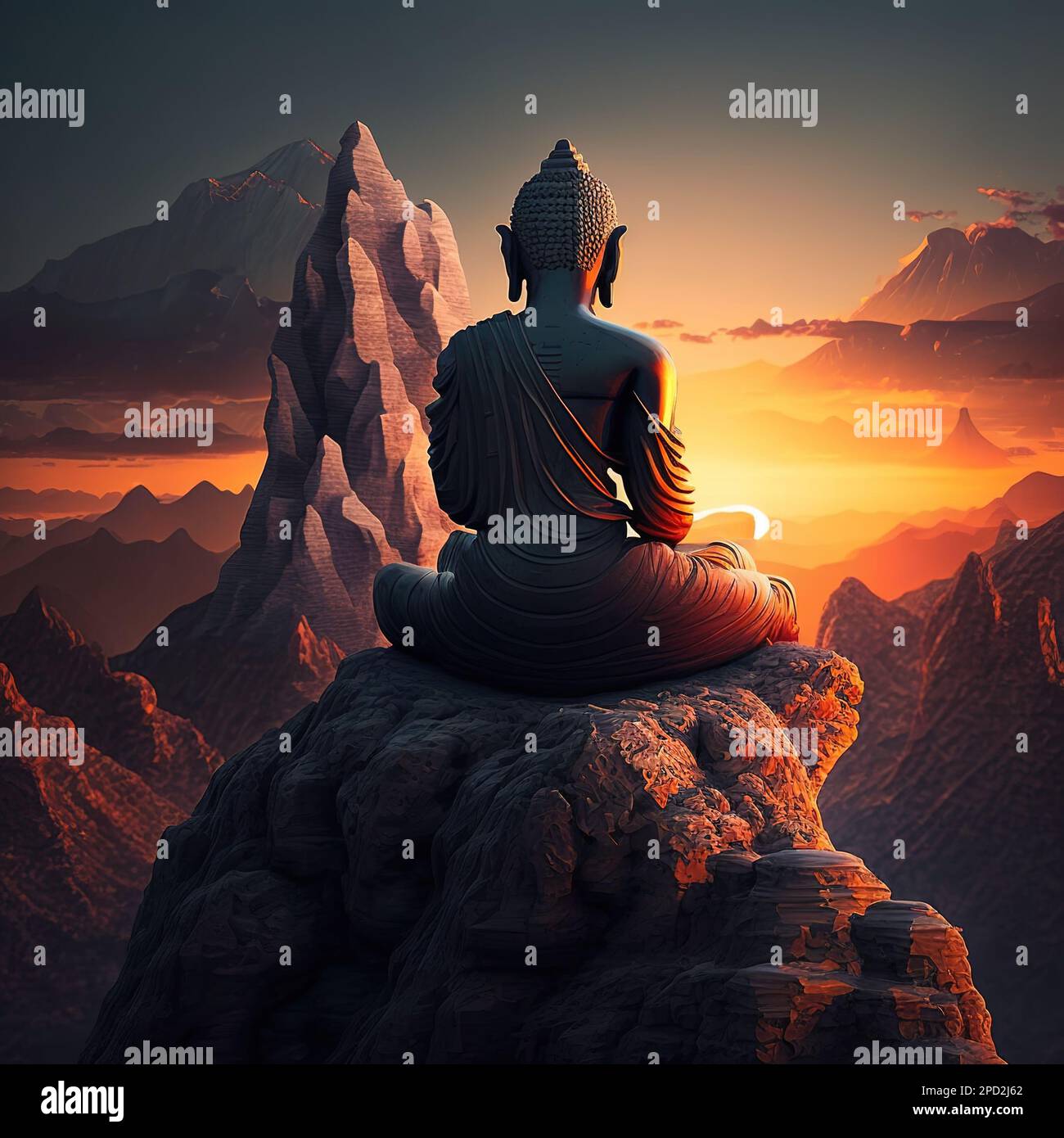 Stone bhudda sitting on mountain top. Generative Ai image Stock Photo