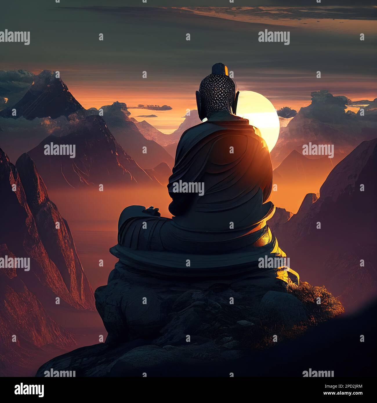 Stone bhudda sitting on mountain top. Generative Ai image Stock Photo