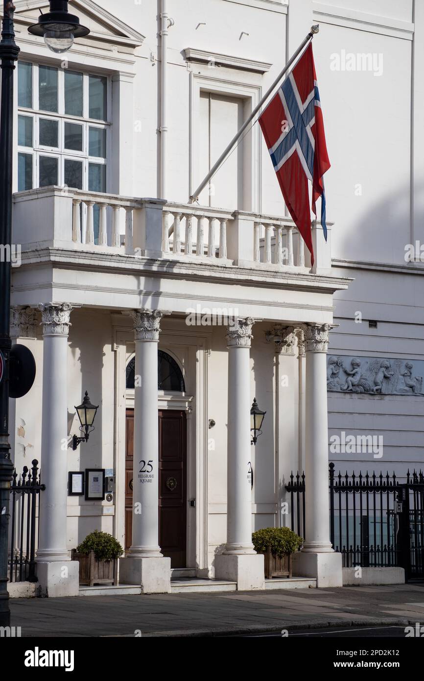 The Norwegian embassy stands proudly with its flag flying. Credit