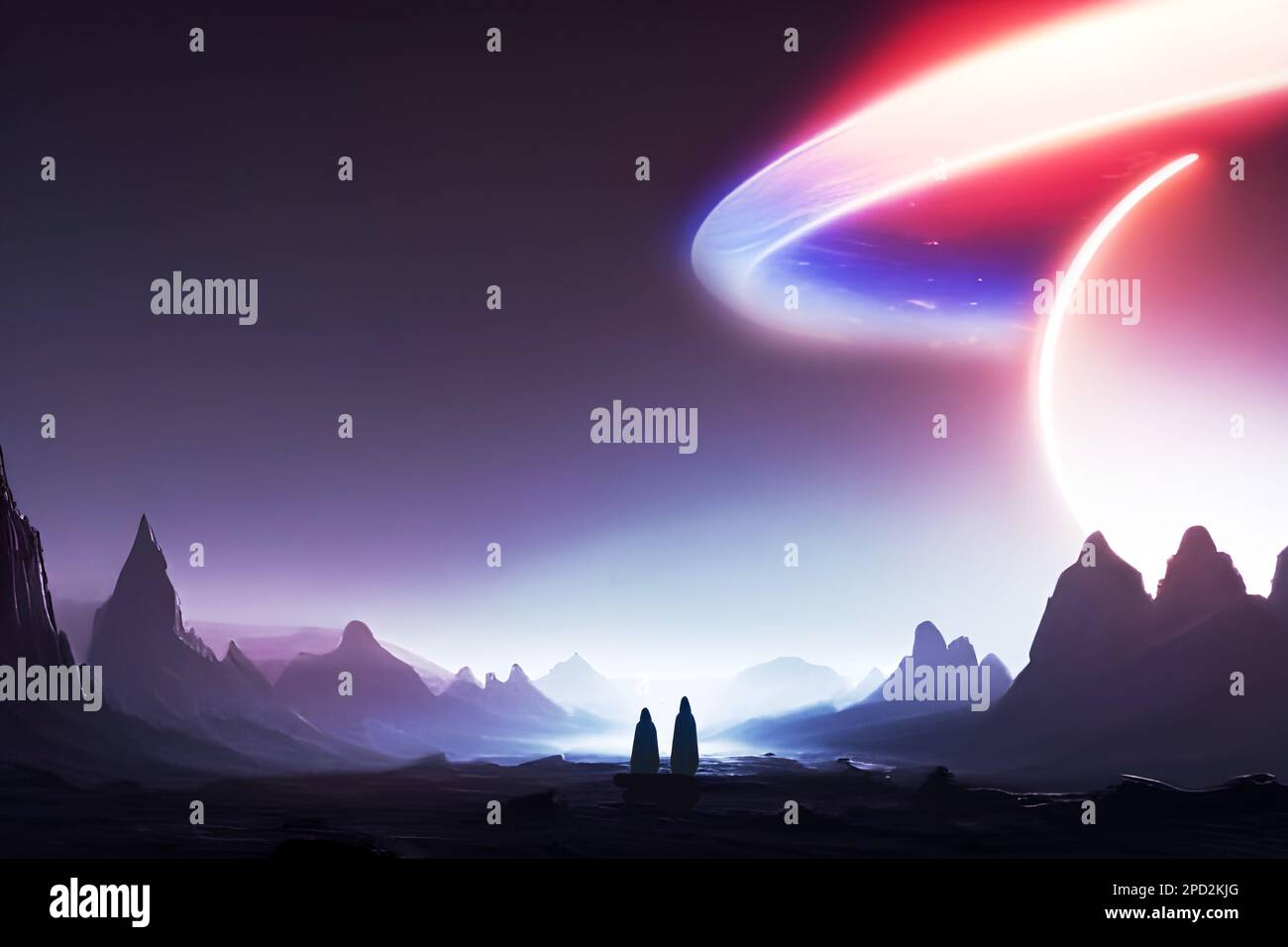 Fantasy extraterrestrial landscape with aliens and glowing satellites. Stock Photo