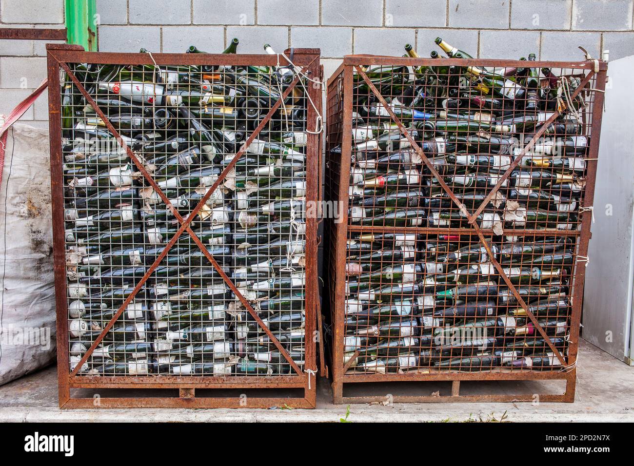 Bottles of champagne storage to recycle, recycling center Stock Photo