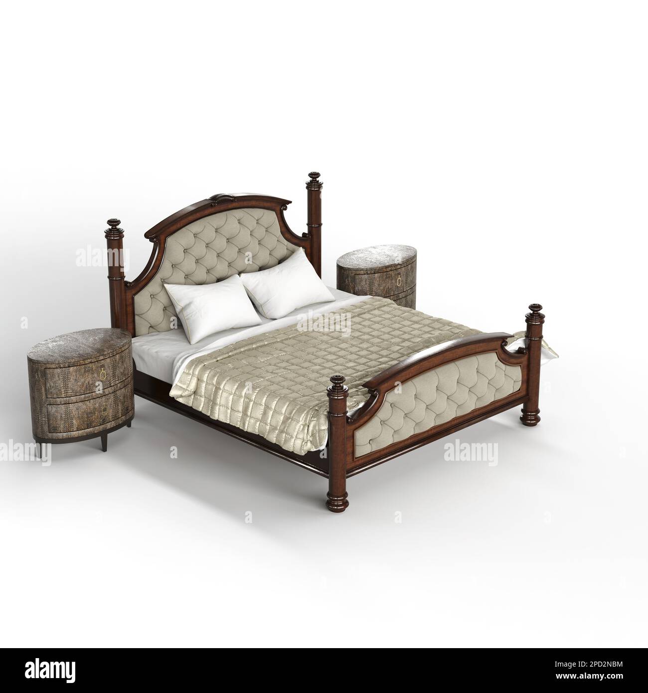 3DRender bedroom wooden frame bed cozy home decor Stock Photo
