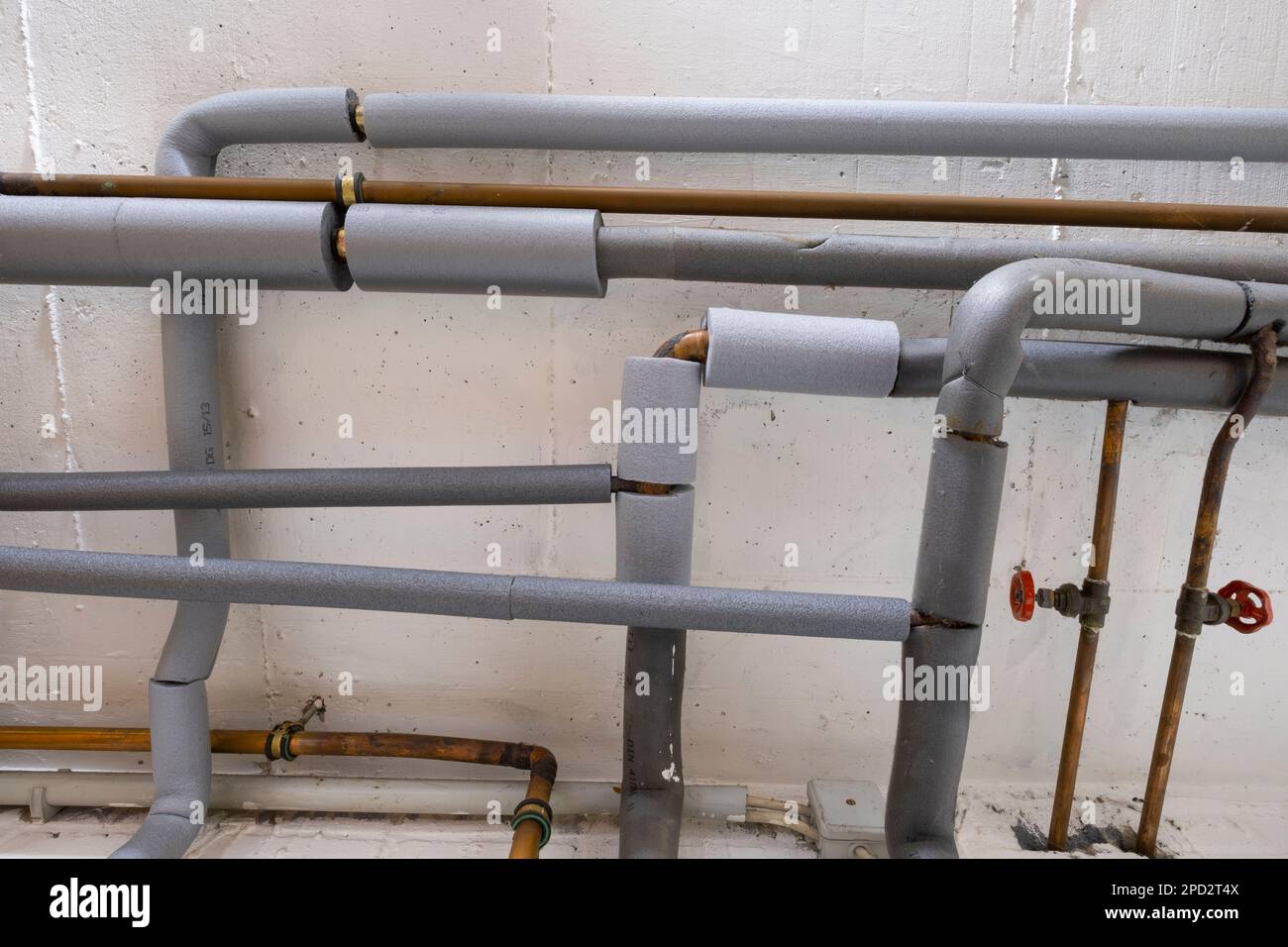 Insulated Piping Under The Basement Ceiling, Copper Pipes With Shutoff
