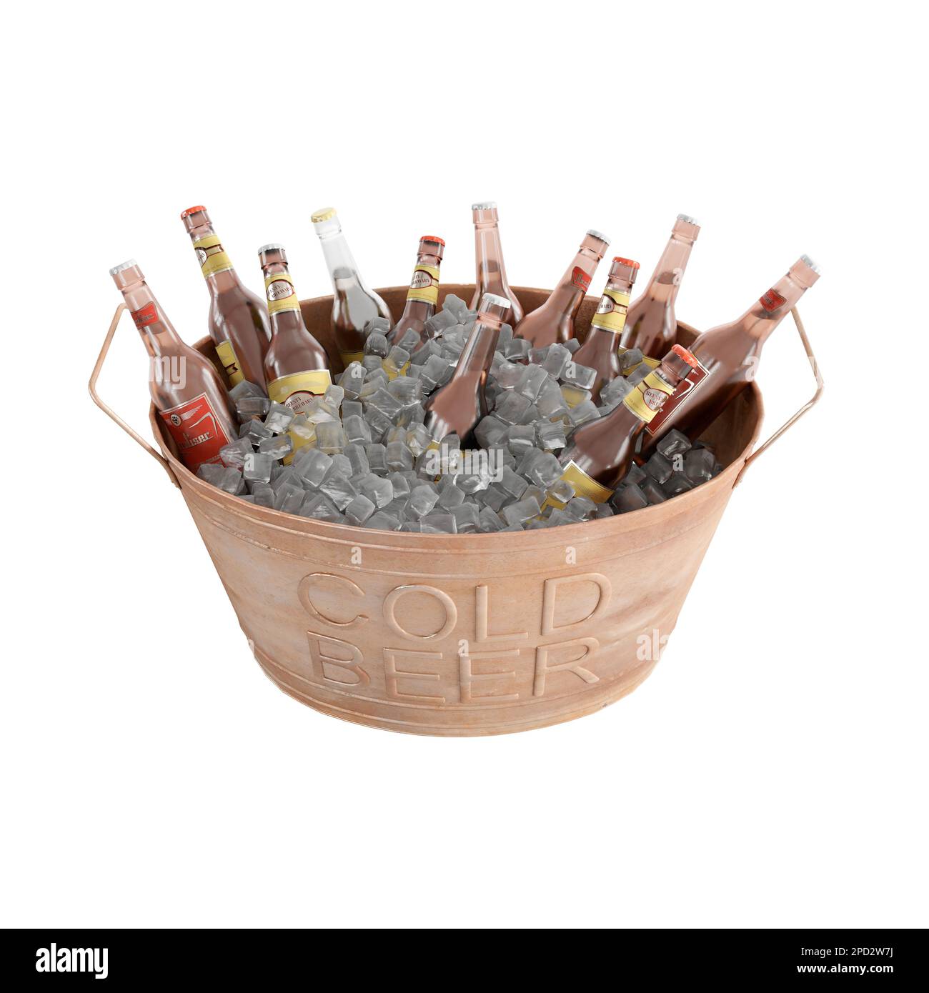 A Bucket of beer bottles 3D rendering cold amber beverage in metal