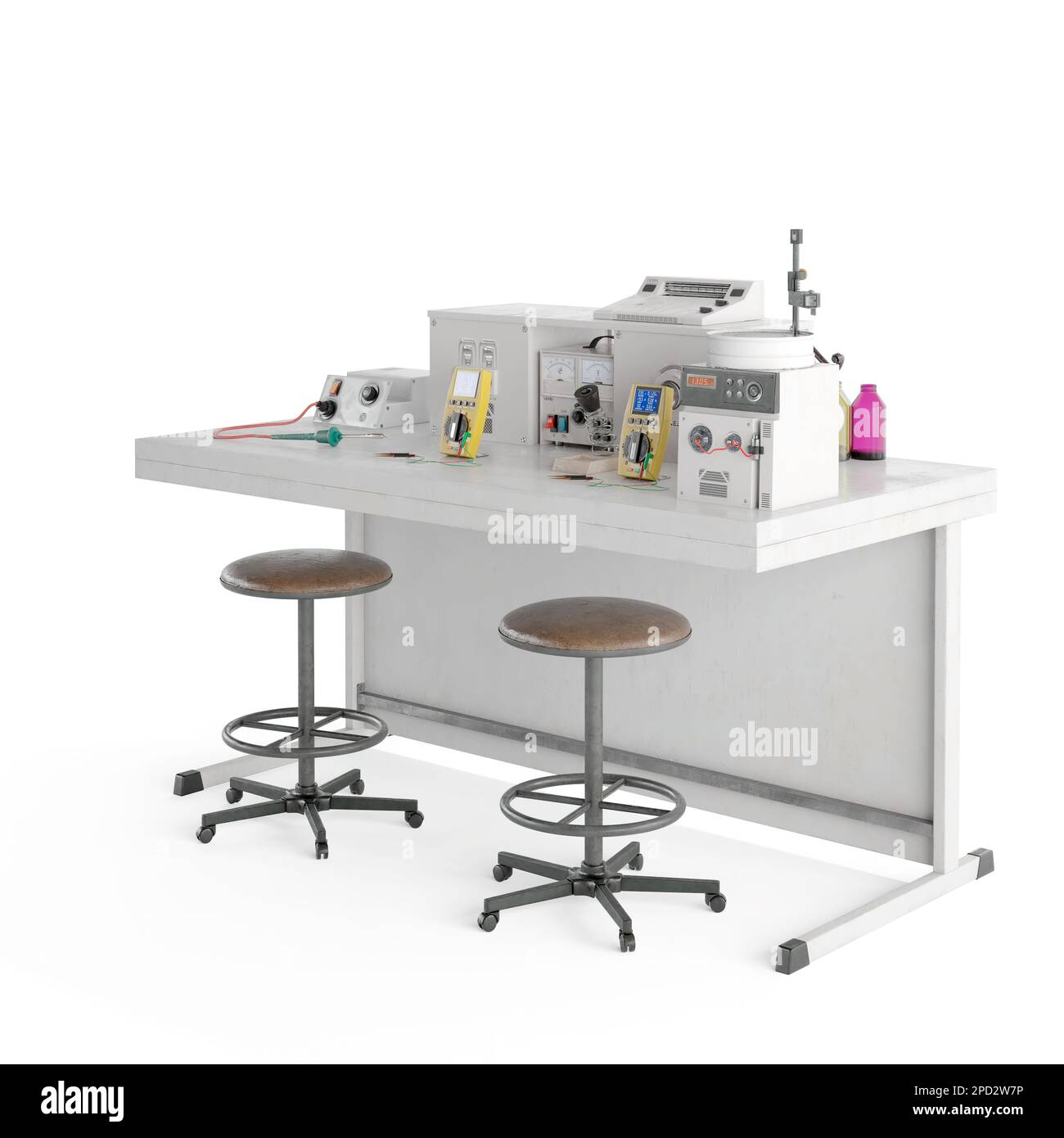 A Industrial lab with electronic experiment, lab bench, stools 3D