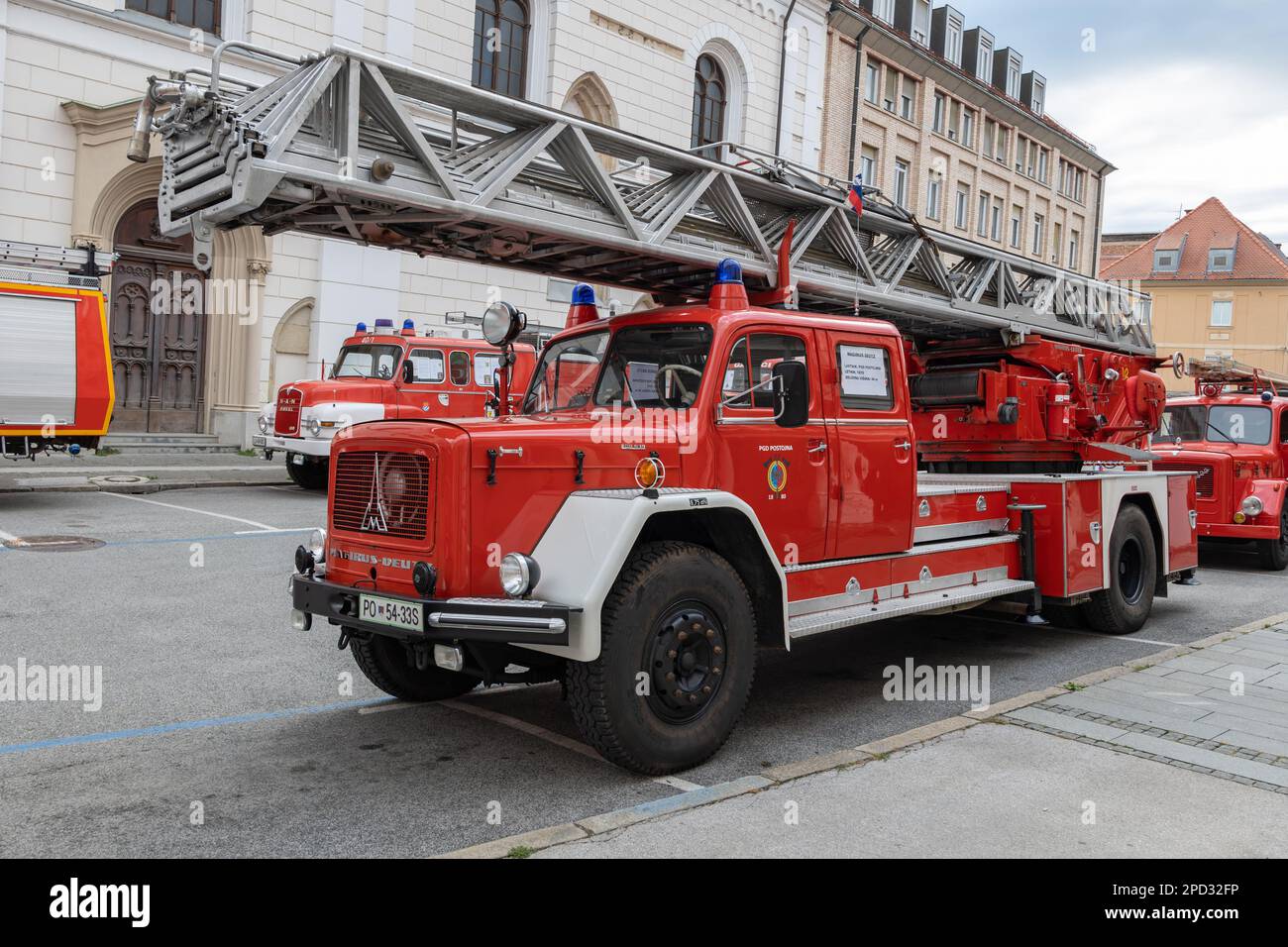 Magirus-Deutz 200D 19 - SD-44 fire truck, special vehicle with a hydraulic ladder of 44 meters from 1970 during 2022 Firefighting Olympics in city of Stock Photo