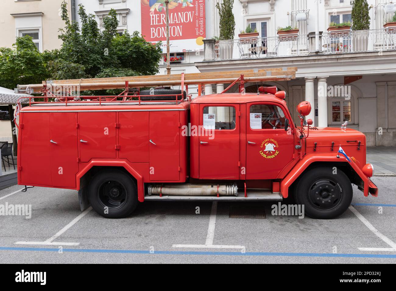 TAM 5500G fire truck from 1972 on Magirus Deutz chassis, during 2022 Firefighting Olympics in city of Celje, Slovenia. Stock Photo
