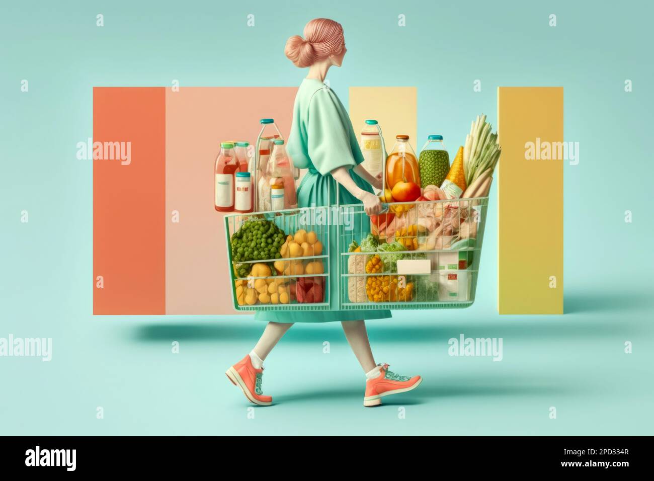 Creative minimalist supermarket shopping concept. Woman with a full