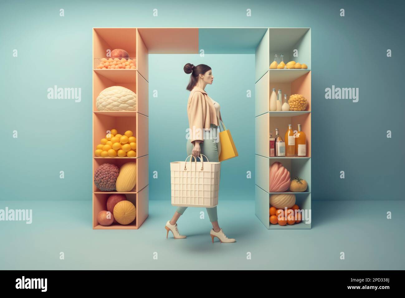 Creative minimalist supermarket shopping concept. Woman with a full