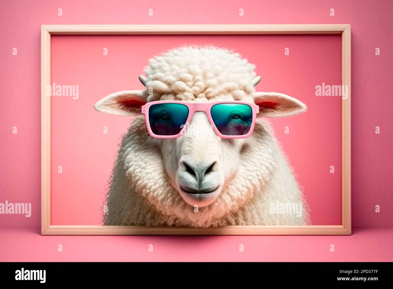 Portrait of funny white sheep in a sunglasses. Sheep head coming out