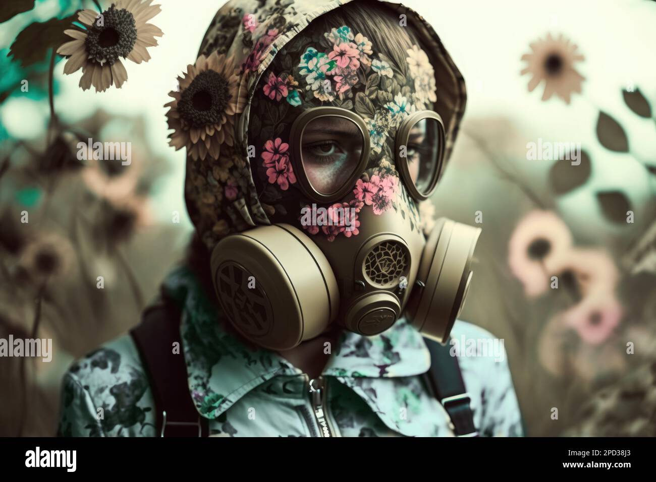 Young girl allergic to pollen with an antigas mask in a pink flower field. Seasonal allergy and