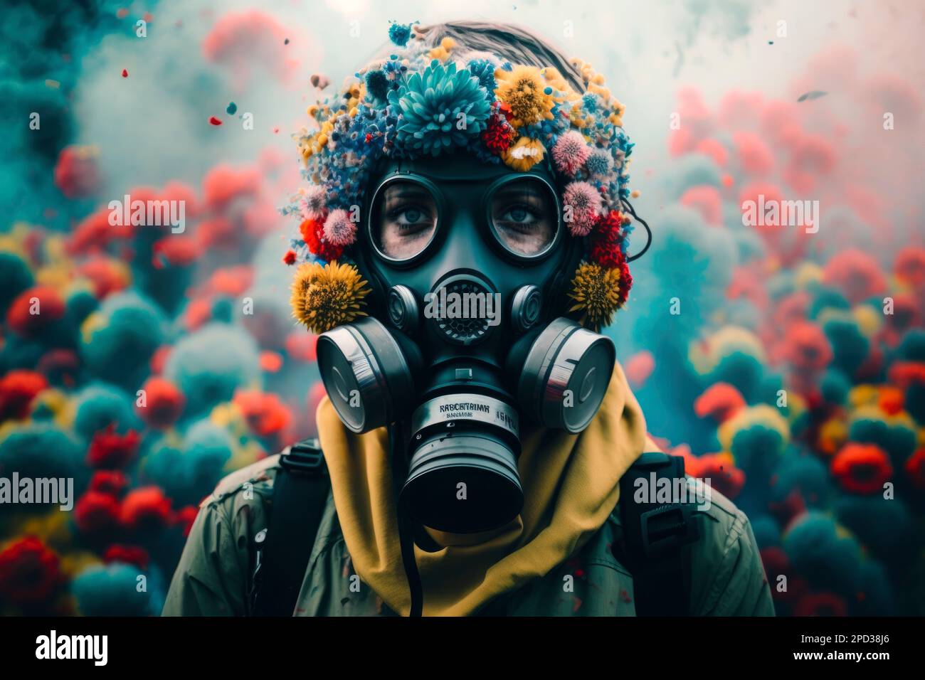 Young girl allergic to pollen with an antigas mask in a flower field. Seasonal allergy and