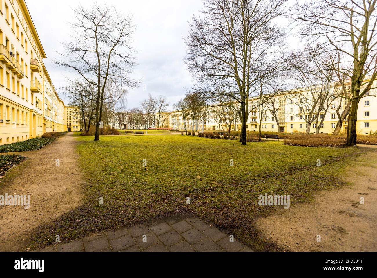 Extensive green area between the residential buildings of the planned city Eisenhüttenstadt. Built as an ideal of the socialist way of life from 1950 onwards in Eisenhüttenstadt, Germany Stock Photo