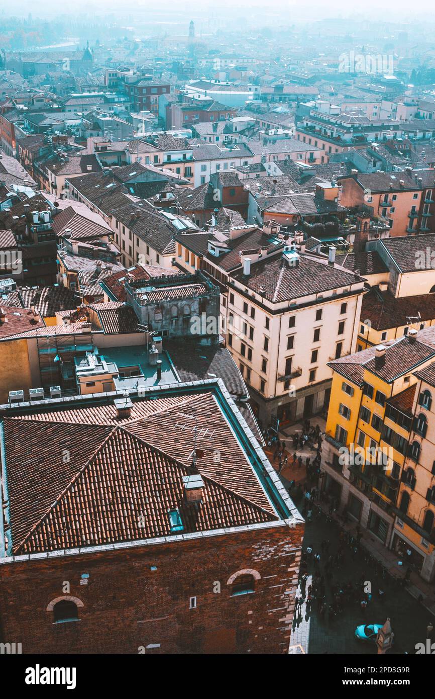 Sunny day in Verona city centre, Italy. Panoramic view from above on