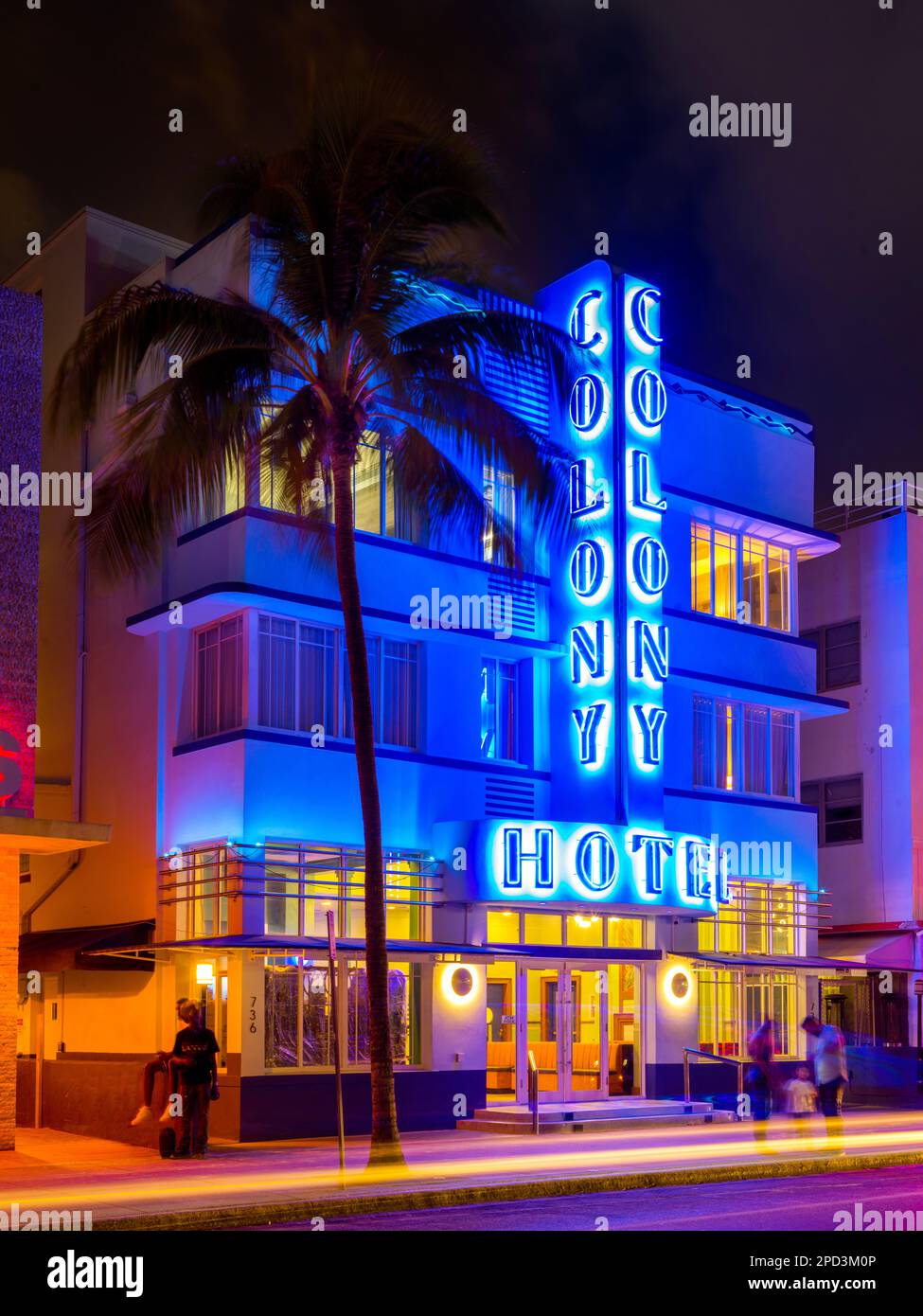 Illuminated Ocean Drive Art Deco District at Night South Beach, Ocean