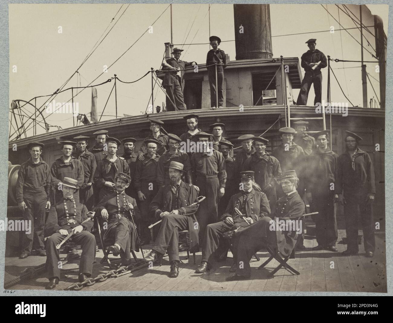 Officers and crew on deck of gunboat Agawam, James River, Virginia. No. B261, Title from item, Gift; Col. Godwin Ordway; 1948. United States, History, Civil War, 1861-1865, United States, Virginia, James River. Stock Photo