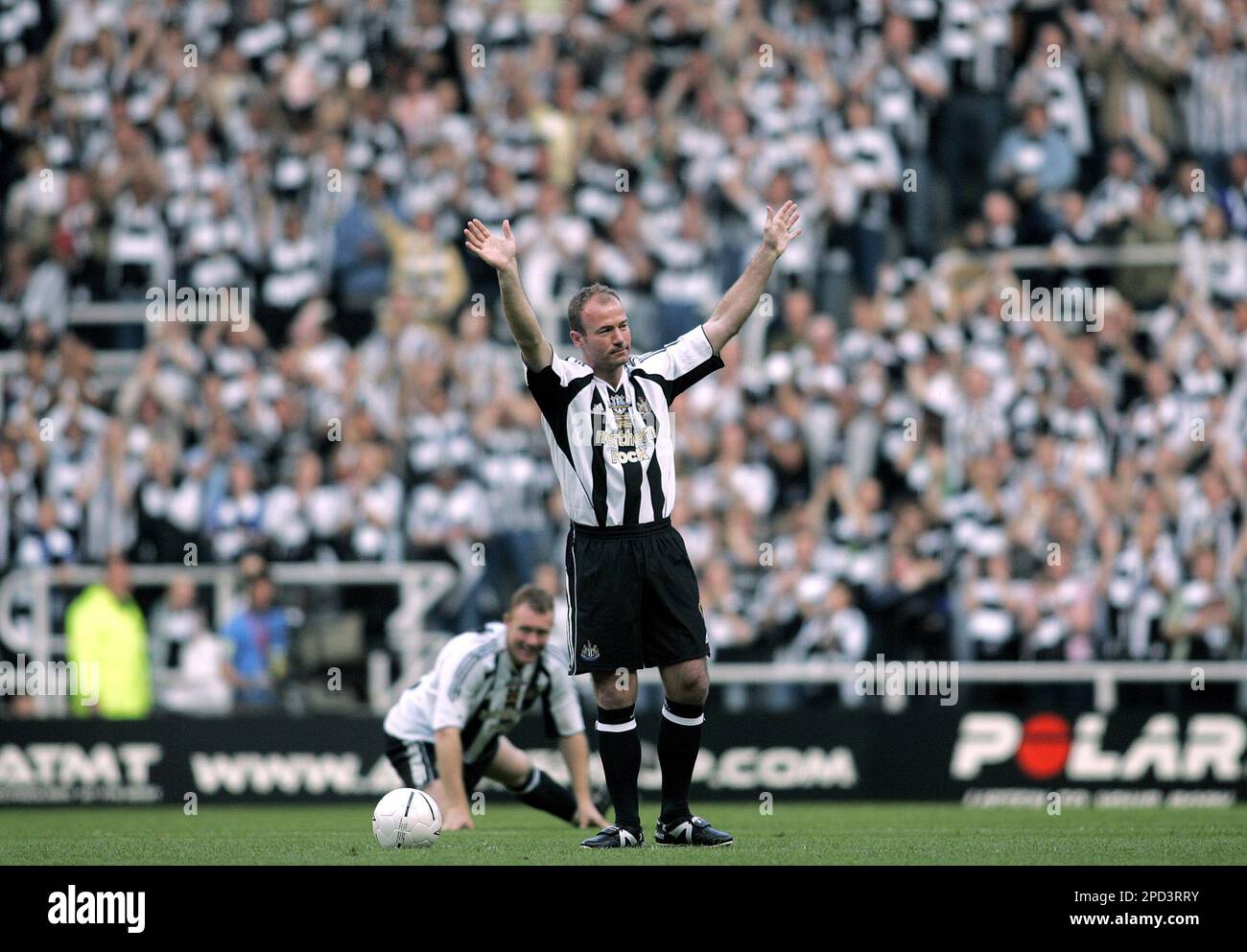 Newcastle's Alan Shearer waves to the crowd at his final appearance in a Newcastle  shirt during his testimonial soccer match at St James' Park, Newcastle,  England. Thursday May. 11, 2006. Shearer pulled