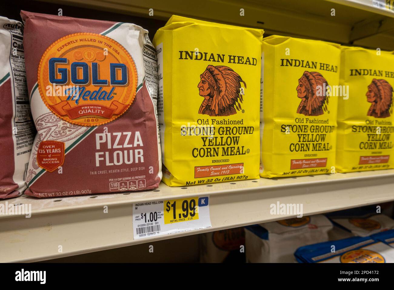 Mini brands of flour for sale in a grocery aisle at Weis supermarket in