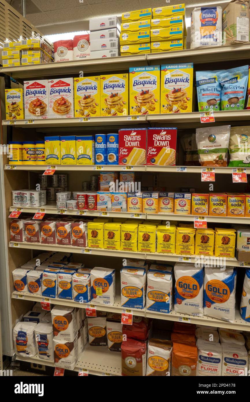 Mini brands of flour for sale in a grocery aisle at Weis supermarket in