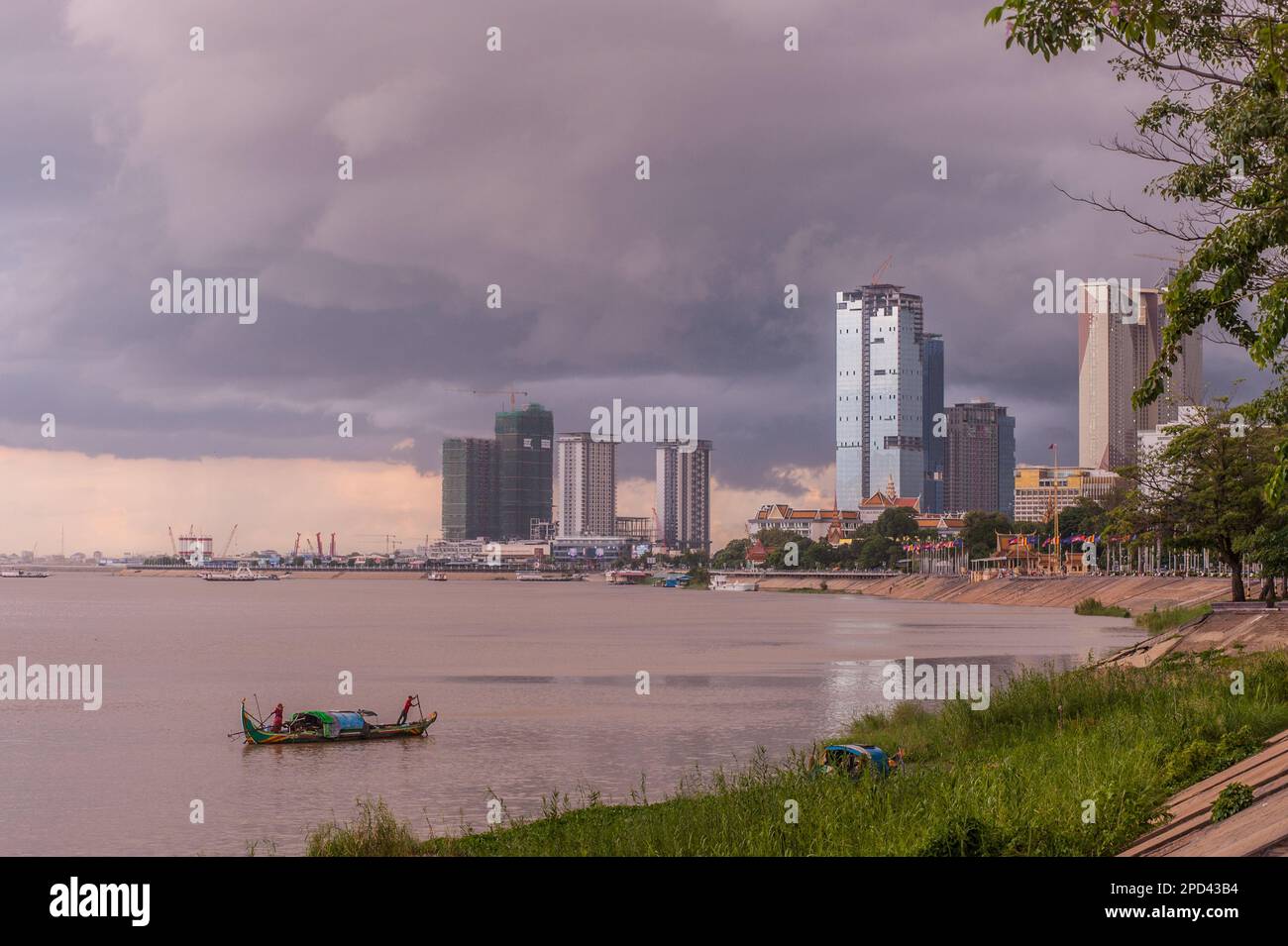 A storm over Koh Pich (Diamond Island) during the rainy season ...