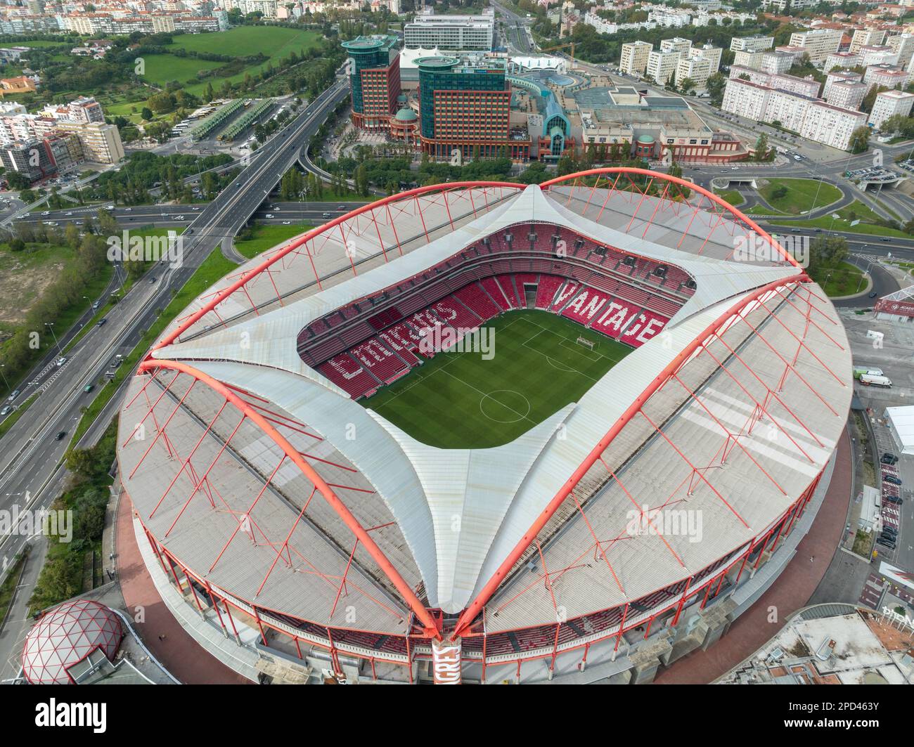 Estadio do Sport Lisboa e Benfica. Multi-purpose Stadium located in Lisbon, Portugal. Drone Point of View. Football Stadium Stock Photo