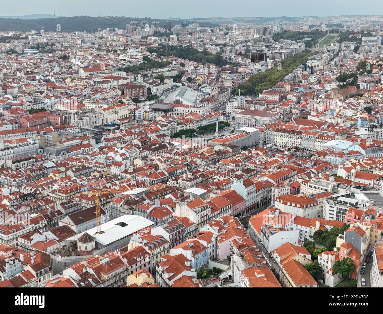 Lisbon Downtown and Old Town with Sightseeing Objects in Background. Portugal. Drone Point of View Stock Photo