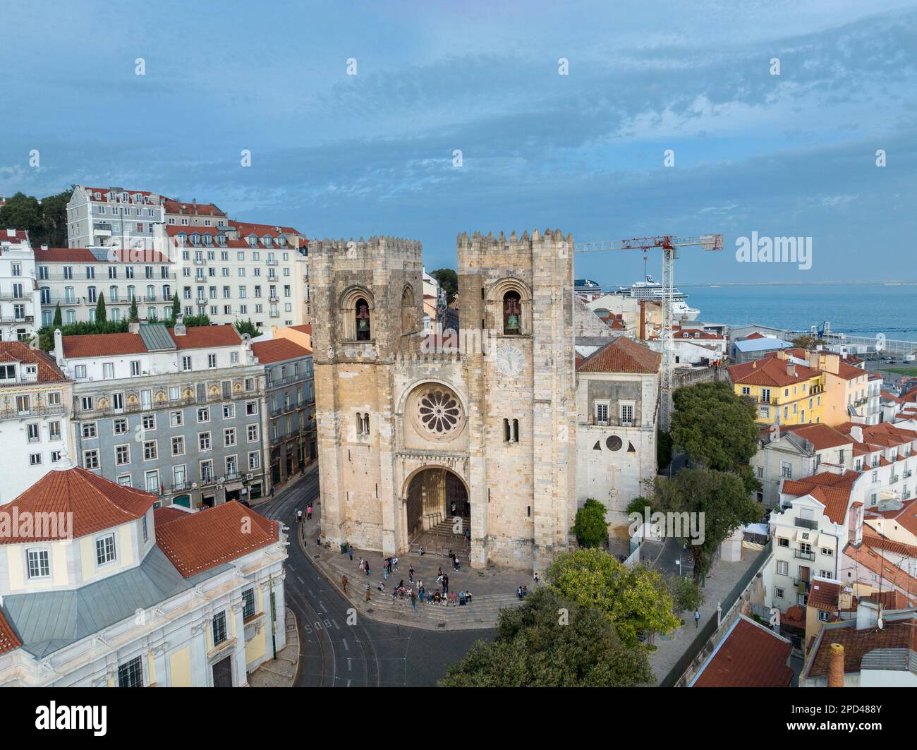 Lisbon Cathedral of Saint Mary Major. Downtown Old Town of Lisbon, Portugal. Drone Point of View Stock Photo