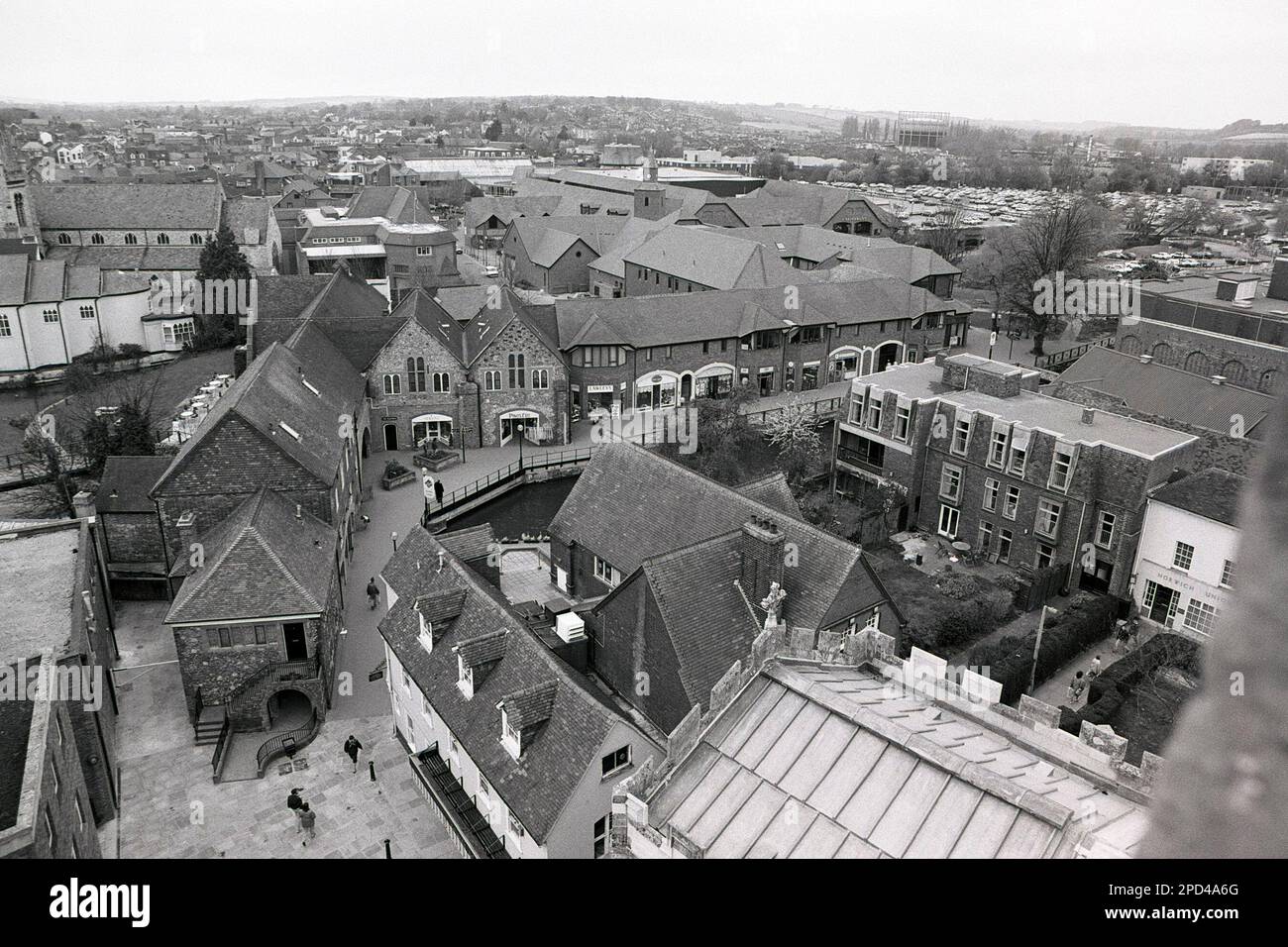 The Maltings, Salisbury's riverside shopping area. Circa 1991. Photograph taken following the rebuild after a serious fire destroyed the original shops in the late 1980s. Stock Photo