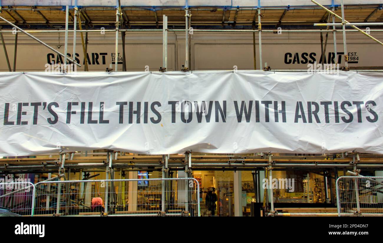 cass art lets fill this town with artists banner over Art supply store 63-67 Queen St, Glasgow G1 3EN Stock Photo