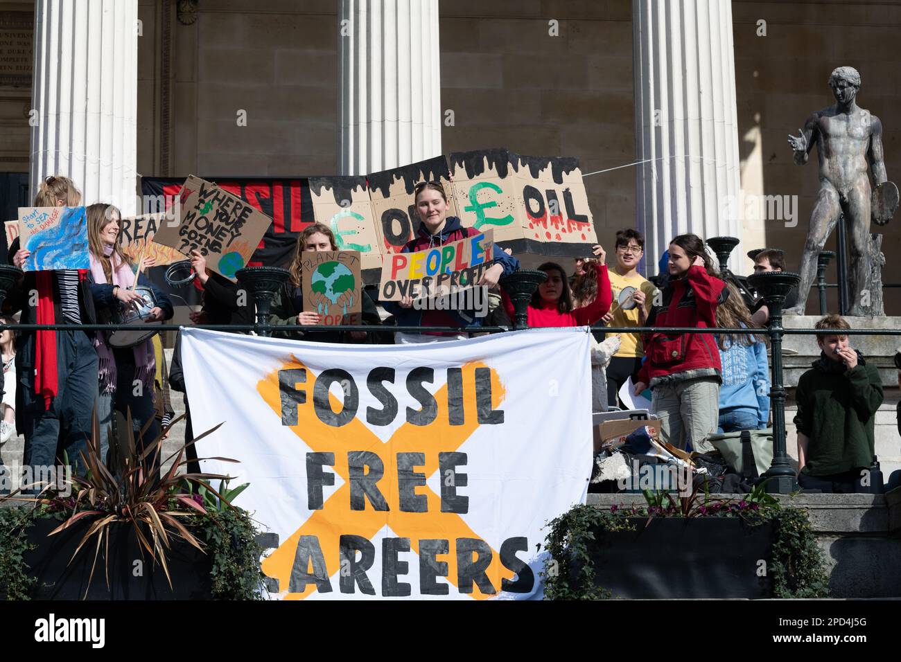 Fossil Free UCL demo - London, UK. 14 March, 2023. Students call for University College London (UCL) to divest from fossil fuels, in the midst of a cl Stock Photo