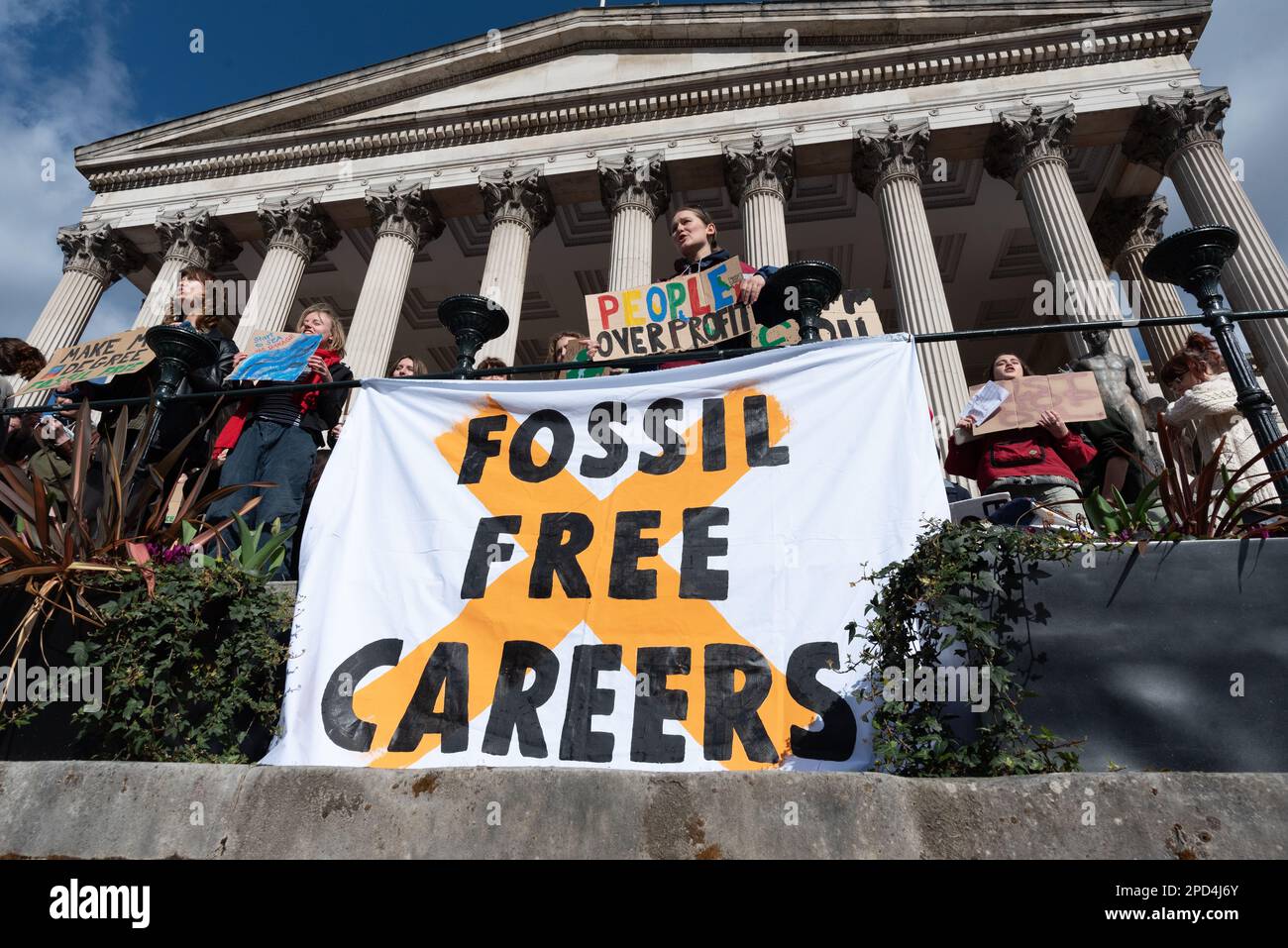 Fossil Free UCL demo - London, UK. 14 March, 2023. Students call for University College London (UCL) to divest from fossil fuels, in the midst of a cl Stock Photo