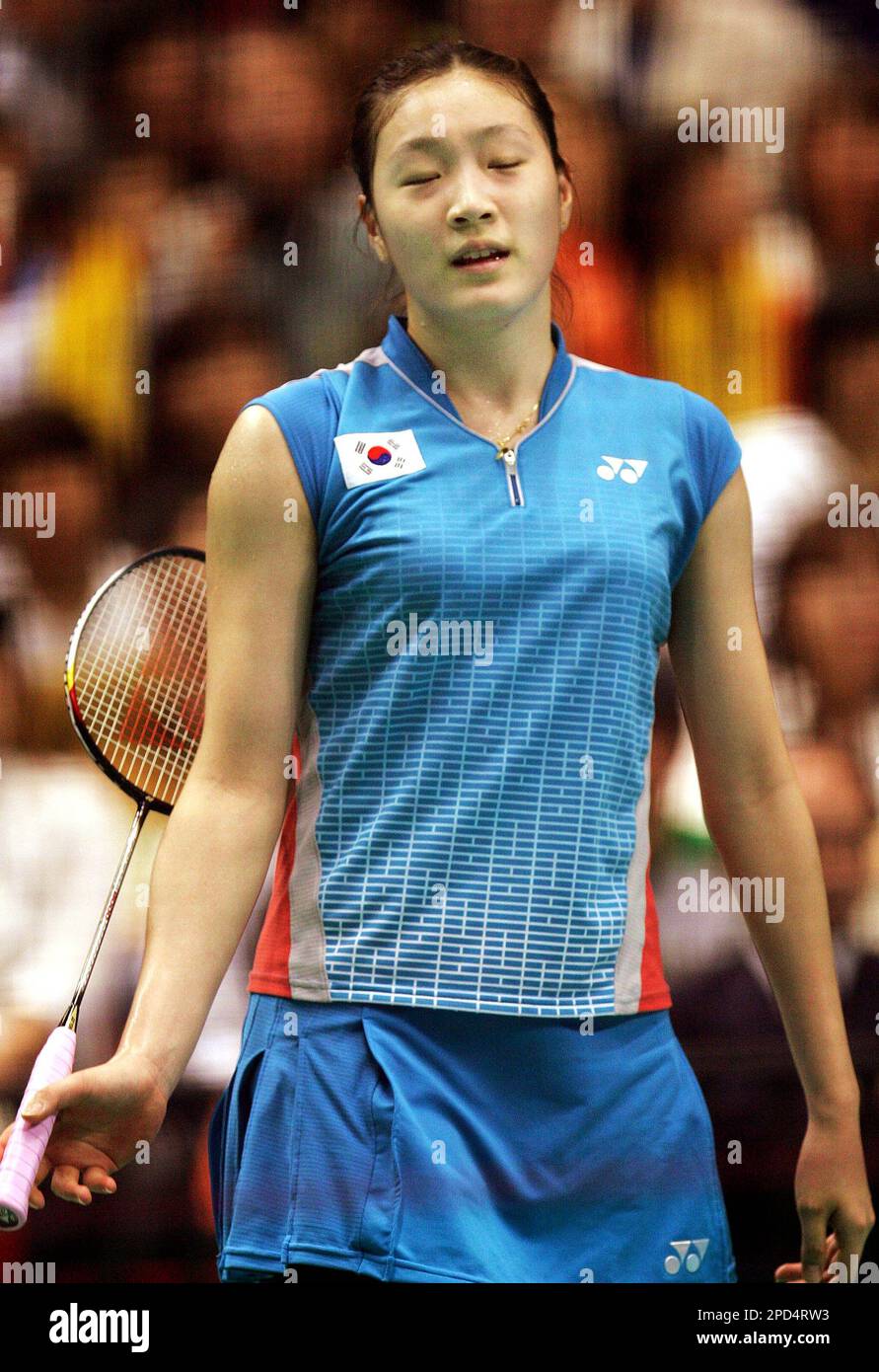 South Koreas Hwang Hye-youn reacts after missing a shot against Taiwans Cheng Shao Chieh during their quarter-finals match in the Yonex Thomas and Uber Cup badminton championships in Tokyo, Wednesday, May 3,