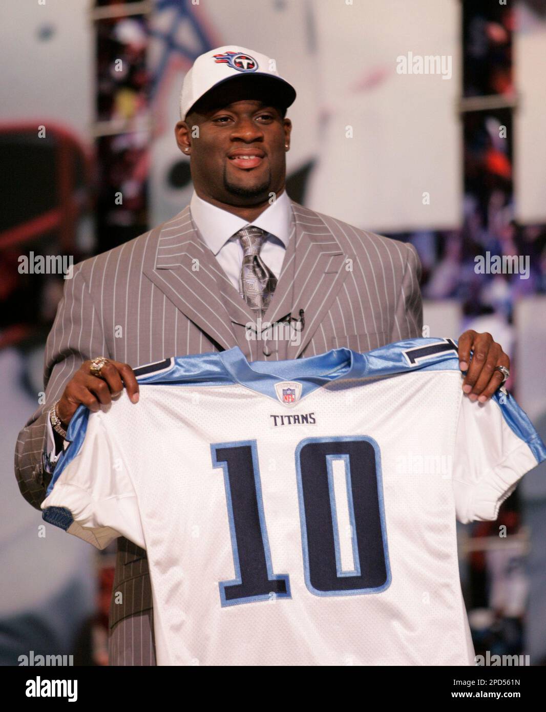 Vince Young, quarterback from Texas, a holds up a Tennessee Titans jerseys  after being selected third overall in the first round of the NFL Draft,  Saturday, April, 29, 2006 at Radio City