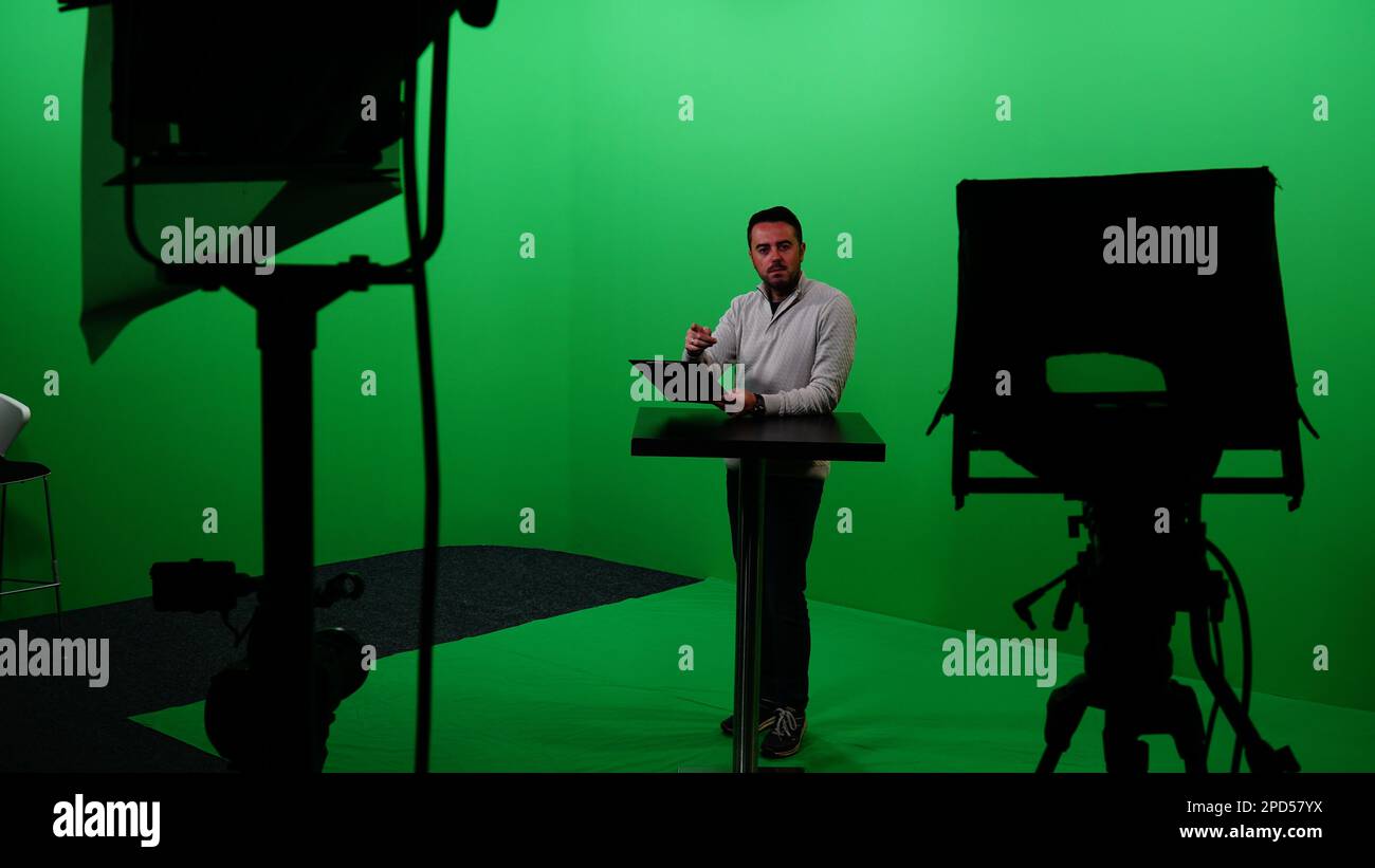 Modern TV Chroma Key Studio interior with Green Screen, Light, camera