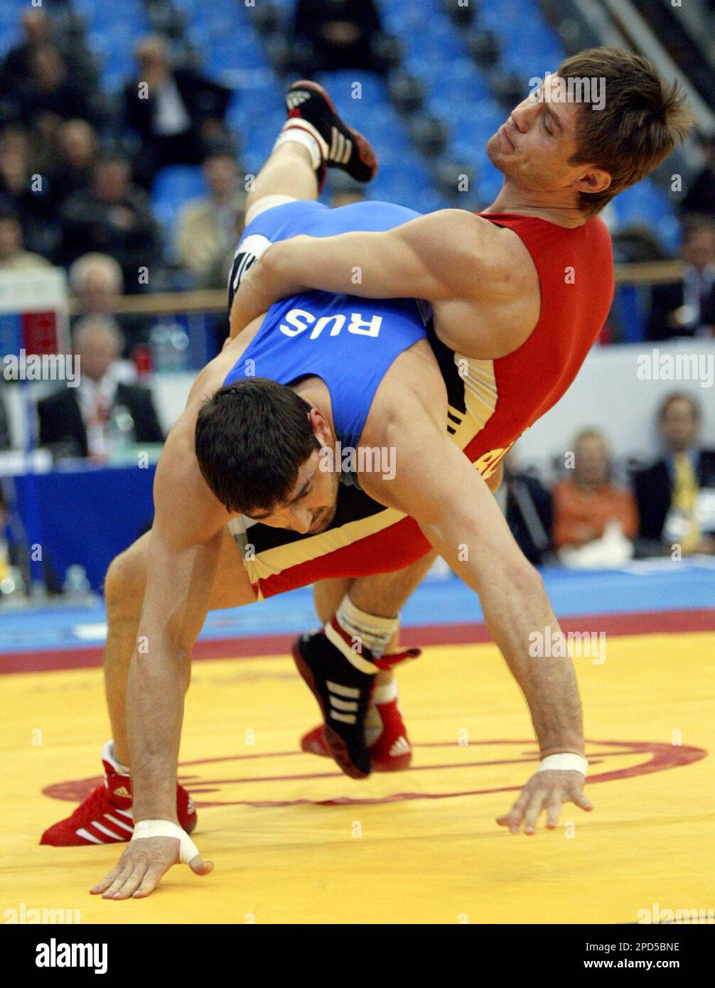 Russia's Varteres Samourgashev, left, and Aleh Mikhalovitch from Belarus,  wrestle during the Greco-Roman wrestling 74-kg final at the European  Wrestling Championships in Moscow, Thursday, April 27, 2006. Samurgashev  won the gold medal. (