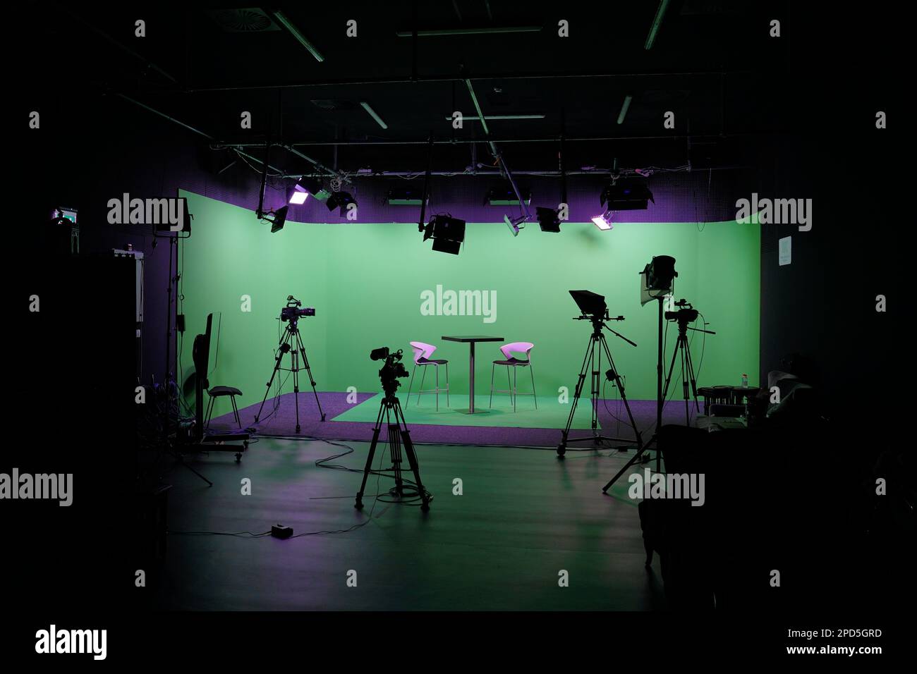 Modern TV Chroma Key Studio interior with Green Screen, Light, camera