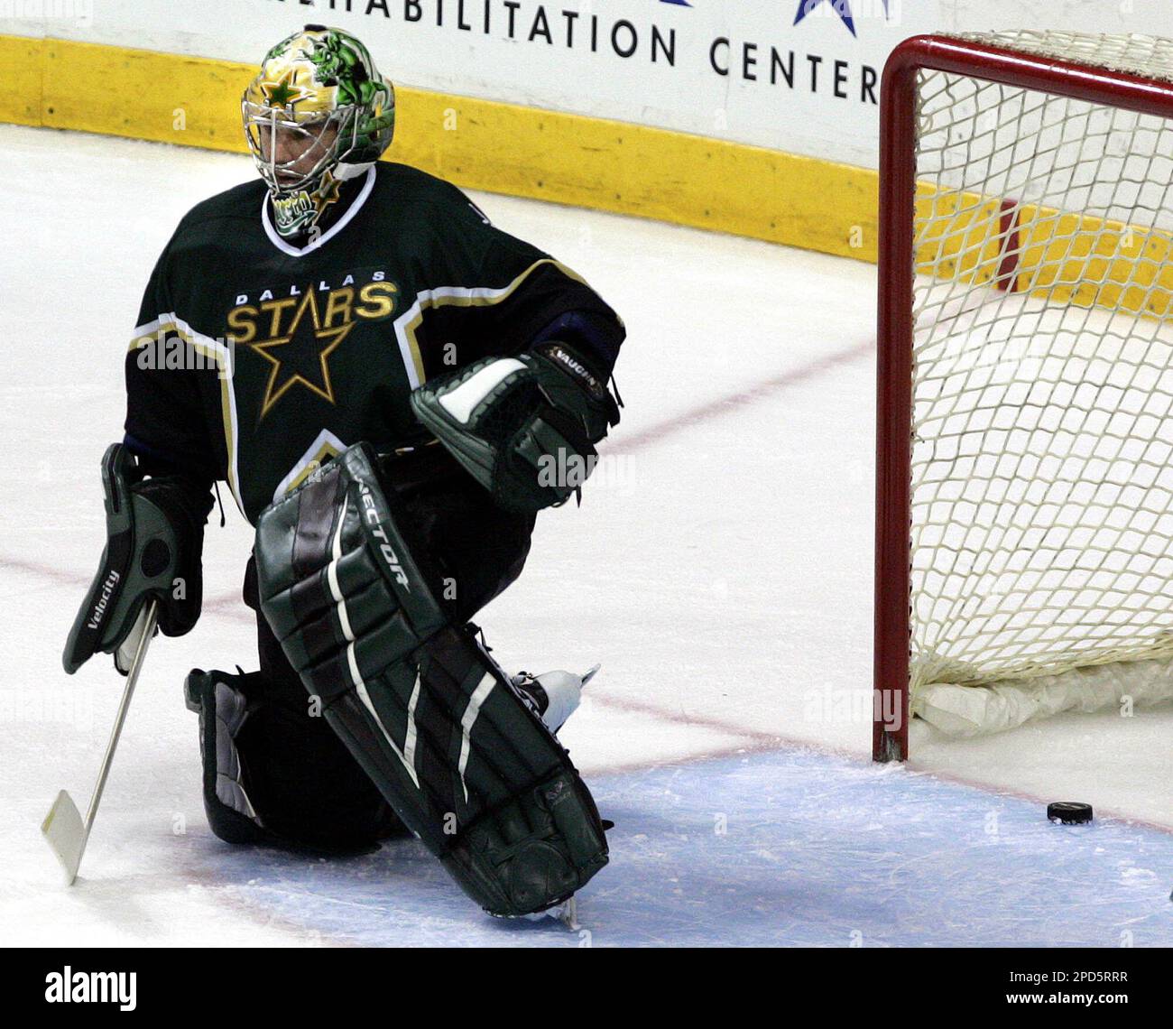 Dallas Stars goalie Marty Turco stands in the crease after Colorado Avalanche's Rob Blake scored
