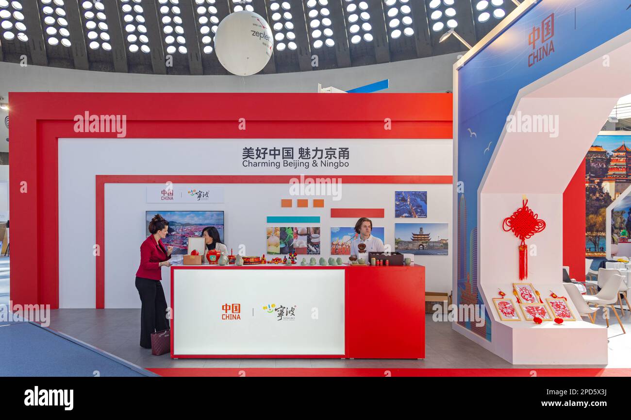 Belgrade, Serbia - February 23, 2023: Charming Beijing and Ningbo China Expo Stand at International Tourism Fair Travel Event. Stock Photo
