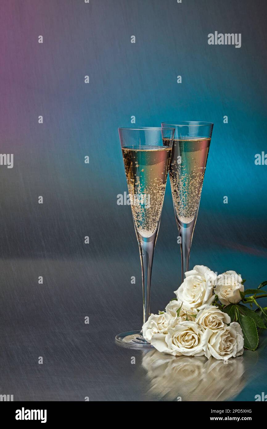 Still life with two champagne glasses and a bouquet of white roses ...